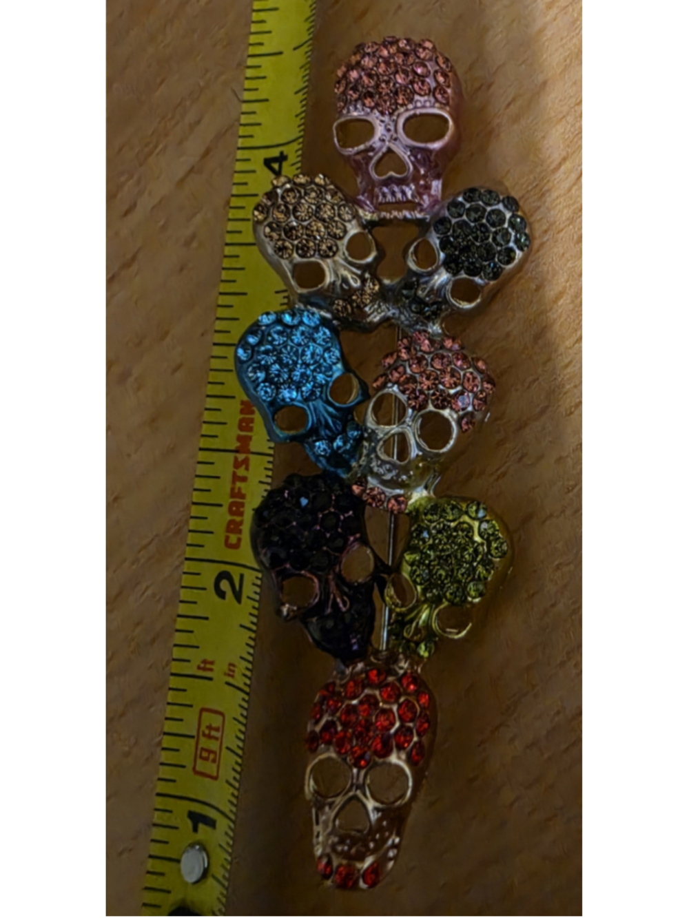 Multicolor Rhinestone Stacked Skull Brooch Pin Gothic Halloween 3.5"